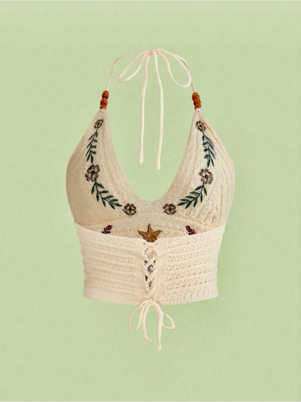Cream Fairycore Embroidered Crochet Halter Crop Top w/Mushroom & Vine Design M - Picture 10 of 10